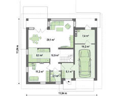 Проект коттеджа со встроенным гаражом и остекленной гостиной