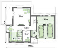 Проект коттеджа с интересными окнами и гаражом на два авто