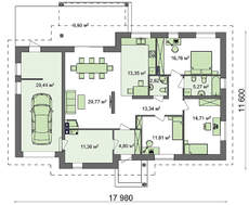 Проект одноэтажного коттеджа с тремя спальнями и гаражом
