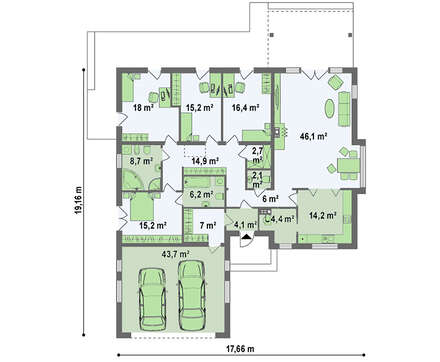 Проект удобного одноэтажного коттеджа с гаражом для двух автомобилей
