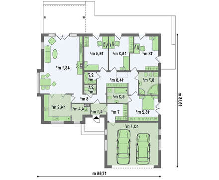 Проект удобного одноэтажного коттеджа с гаражом для двух автомобилей