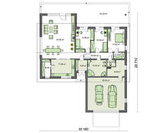 Проект одноэтажного коттеджа простой формы с гаражом для двух авто
