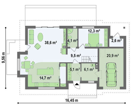 Проект коттеджа с двускатной кровлей и гаражом