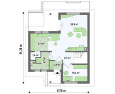 Проект дачного маленького коттеджа с мансардой для небольшого участка