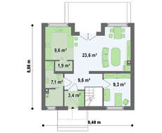 Проект коттеджа с мансардой, балконом, и кухней со стороны сада