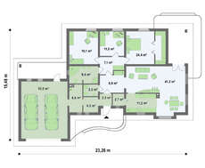 Проект просторного одноэтажного коттеджа с гаражом для двух машин