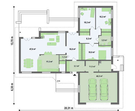 Проект одноэтажного коттеджа с гаражом для двух автомобилей и четырехскатной крышей