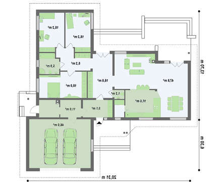 Проект одноэтажного коттеджа с гаражом для двух автомобилей и четырехскатной крышей
