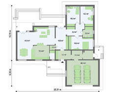 Проект одноэтажного коттеджа с гаражом для двух автомобилей и четырехскатной крышей