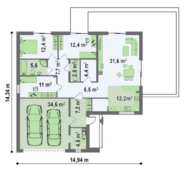 Проект стильного одноэтажного коттеджа с большим гаражом для 2 авто