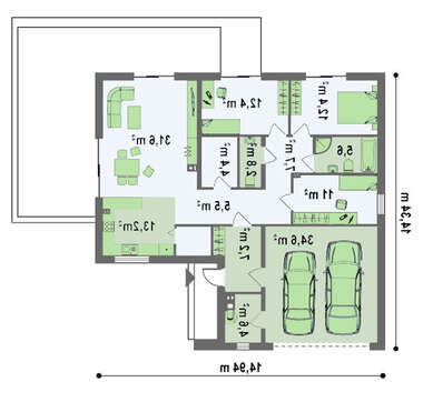 Проект стильного одноэтажного коттеджа с большим гаражом для 2 авто