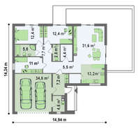 Проект стильного одноэтажного коттеджа с большим гаражом для 2 авто