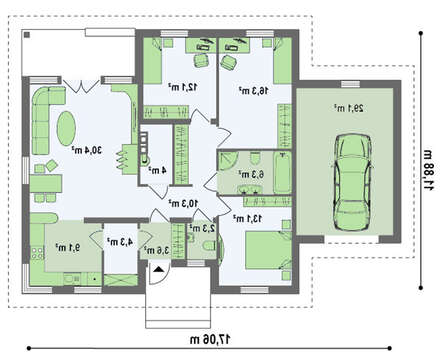 Проект одноэтажного дачного классического коттеджа с четырехскатной крышей