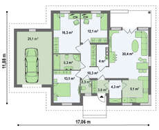 Проект одноэтажного дачного классического коттеджа с четырехскатной крышей