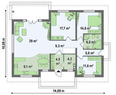 Проект одноэтажного коттеджа классического стиля с четырехскатной крышей