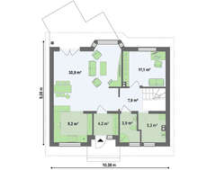 Проект небольшого уютного дачного коттеджа с двухскатной крышей