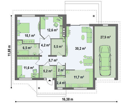 Проект одноэтажного классического коттеджа с гаражом
