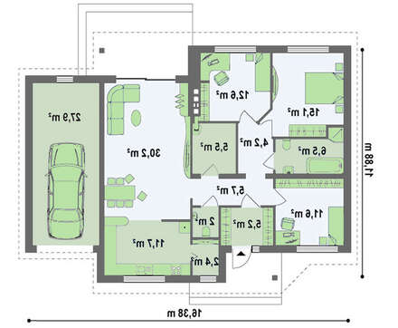 Проект одноэтажного классического коттеджа с гаражом
