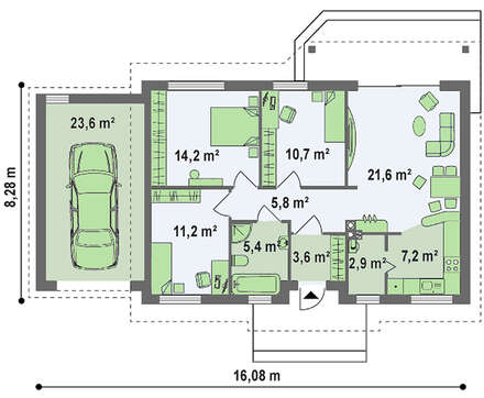 Проект комфортного уютного одноэтажного коттеджа с гаражом