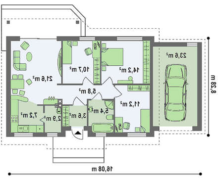 Проект комфортного уютного одноэтажного коттеджа с гаражом