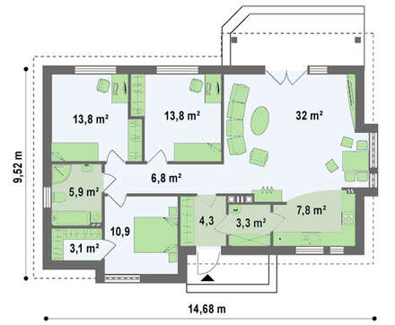Проект одноэтажного коттеджа с современными элементами фасадов