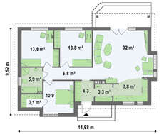 Проект одноэтажного коттеджа с современными элементами фасадов