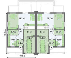 Проект двухэтажного симметричного коттеджа на две семьи