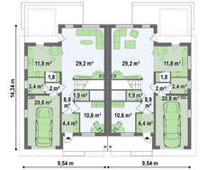 Проект дома на две семьи с отдельными входами и двумя гаражами