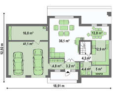 Проект двухэтажного современного дома с большим гаражом и сауной