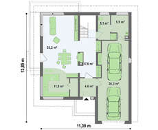 Проект двухэтажного дома с четырёхскатной крышей и удлиненным гаражом