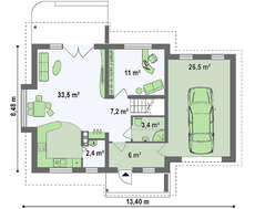 Проект аккуратного загородного одноэтажного коттеджа с мансардой и гаражом для автомобиля