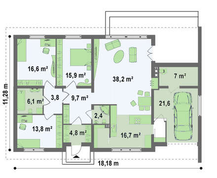 Проект комфортного одноэтажного особняка на две семьи с гаражом