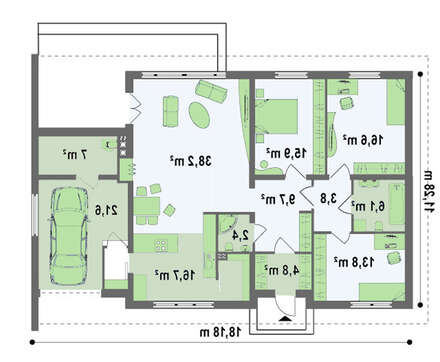 Проект комфортного одноэтажного особняка на две семьи с гаражом
