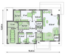 Проект классического одноэтажного коттеджа с мансардой, кирпичным фасадом и гаражом