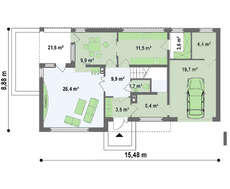Проект двухэтажного современного дома с угловыми окнами на втором этаже