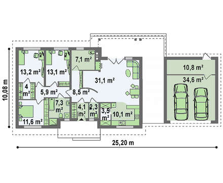 Одноэтажный коттедж с оригинально пристроенным гаражом