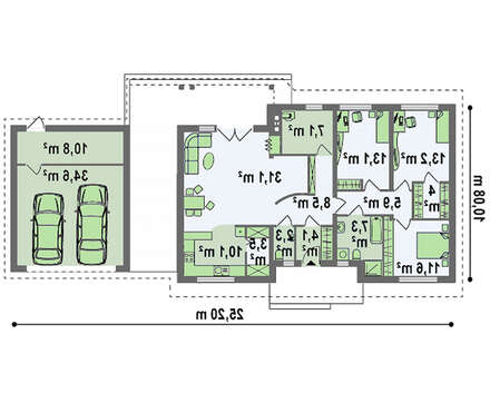Одноэтажный коттедж с оригинально пристроенным гаражом