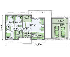 Одноэтажный коттедж с оригинально пристроенным гаражом
