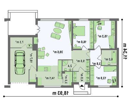 Проект одноэтажного коттеджа с плоской крышей, со светлым функциональным интерьером и гаражом