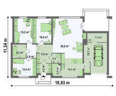 Проект одноэтажного коттеджа с плоской крышей, со светлым функциональным интерьером и гаражом