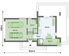 Проект двухэтажного коттеджа модерн с огромной террасой над гаражом