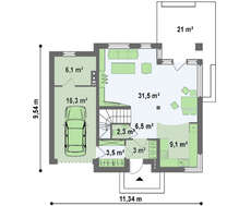 Проект двухэтажного современного коттеджа с тремя спальнями и гаражом