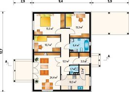 Проект красивого коттеджа с пристроенным навесом для автомобиля