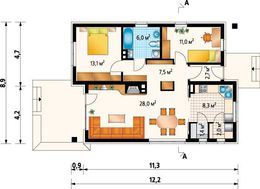 Проект компактного коттеджа с тремя спальнями