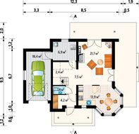 Мансардный коттедж с круглым эркером в кухонной зоне