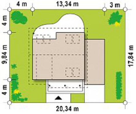 План стильного дома площадью 151 кв. м с просторной террасой над гаражом